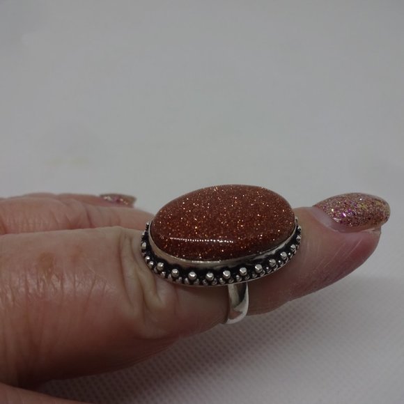 Sparkling "GOLD SUNSTONE" Handmade Sterling Ring Size 7 #269A - Picture 2 of 3